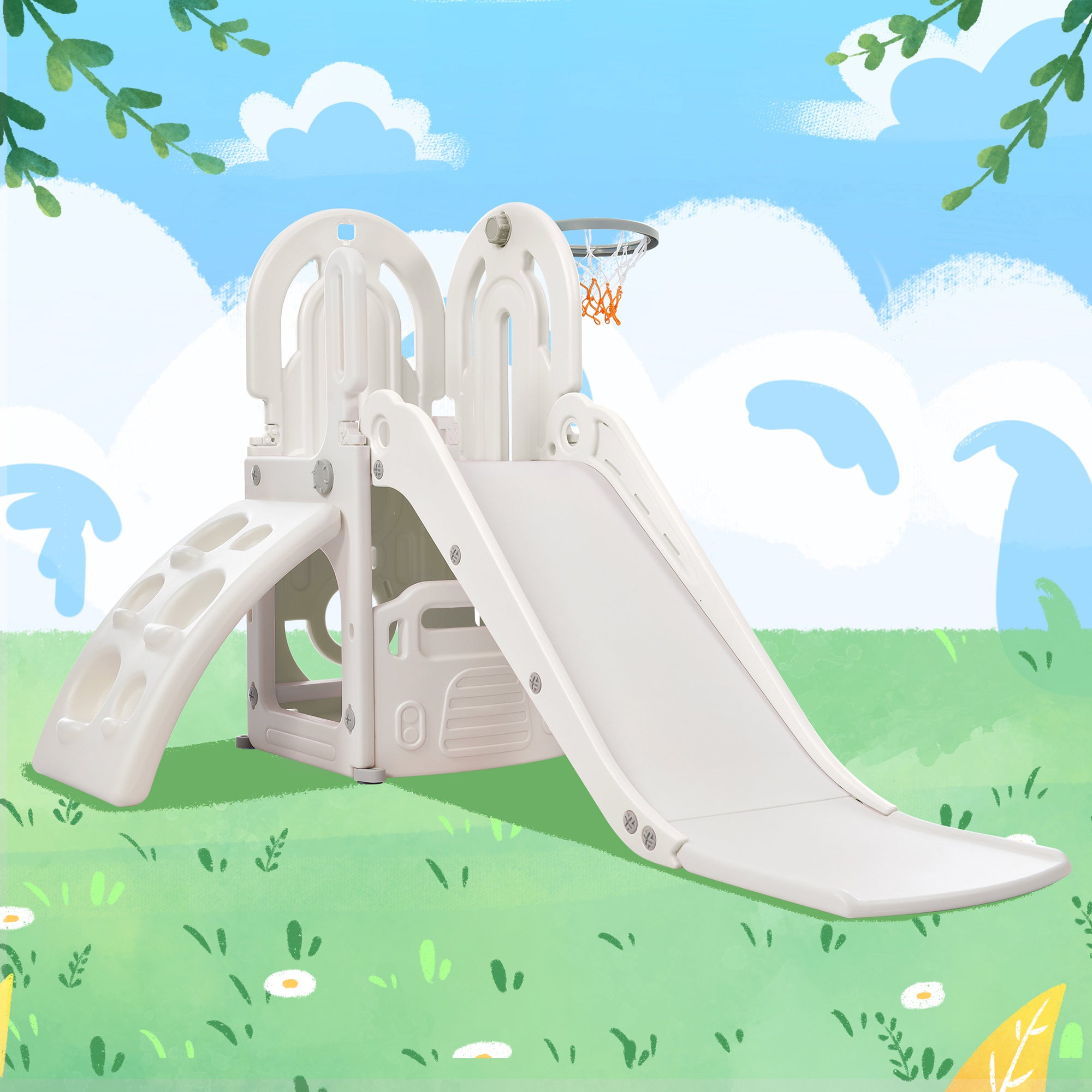 4 in 1 Toddler Climber and Swing Set, Child Playground Climber Freestanding Slide Playset with Basketball Hoop Play Combination for Babies, Boys and Girls Indoor and Outdoor, Gray