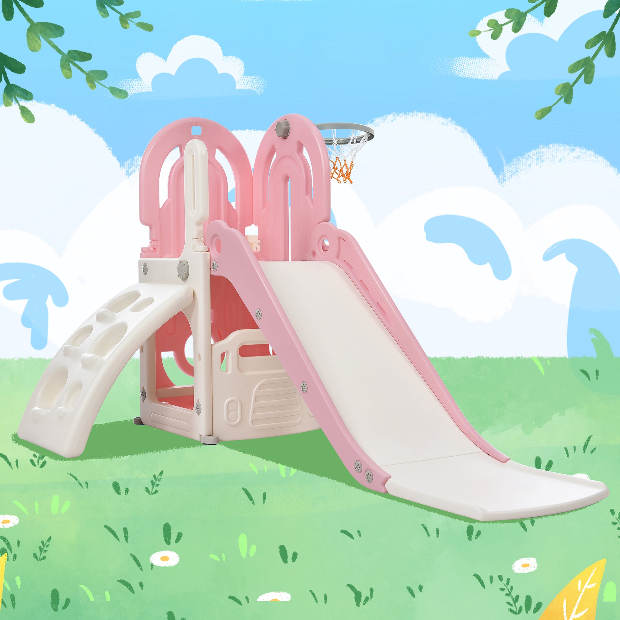 4 in 1 Toddler Climber and Swing Set, Child Playground Climber Freestanding Slide Playset with Basketball Hoop Play Combination for Babies, Boys and Girls Indoor and Outdoor, Pink