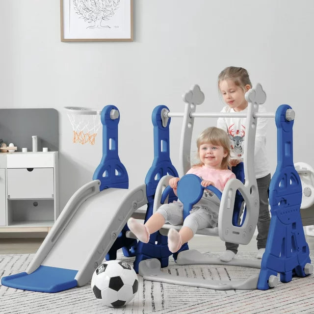 4 in 1 Toddler Slide Swing Set,Kids Playground Sets with Swing Slide and Climber Basketball Hoop for Children Boys and Girls, Indoor Outdoor