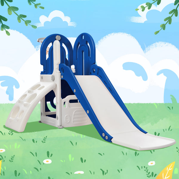 4 in 1 Toddler Climber and Swing Set, Child Playground Climber Freestanding Slide Playset with Basketball Hoop Play Combination for Babies, Boys and Girls Indoor and Outdoor, Blue