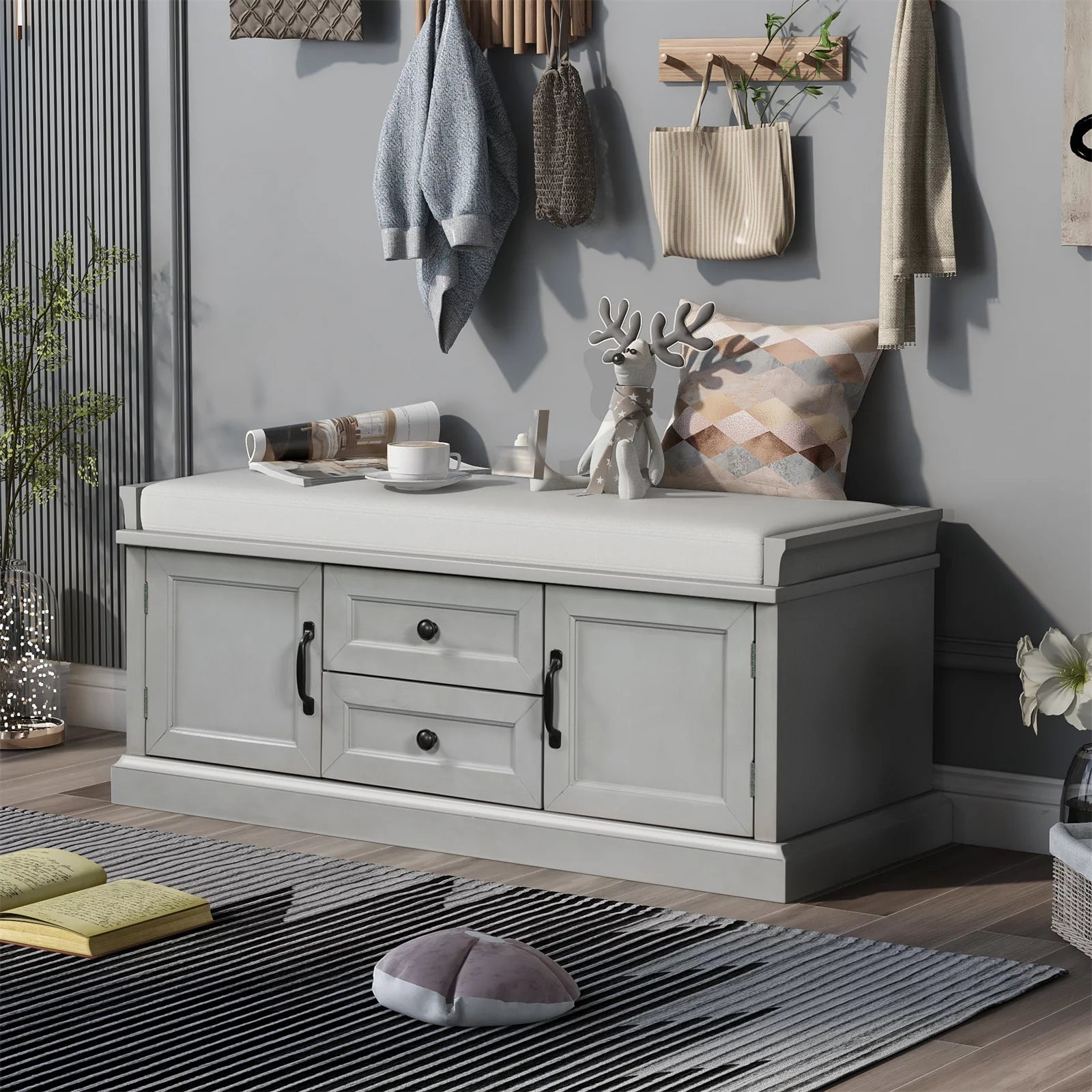 Storage Bench with 2 Drawers and 2 Cabinets, Shoe Bench Under Window Bench with Storage & Velvet Removable Cushion, Wooden Organizer Storage Bench for Living Room Entryway Front Door, Gray Wash