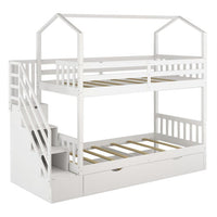 Twin over Twin Bunk Bed Frame with Pull Out Bed and Storage Stairs, White