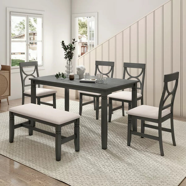 Dining Table Set, 6-Piece Wood Kitchen Table Set with Upholstered Bench and 4 Dining Chairs, Farmhouse Style Dining Room Set, Solid Wood Kitchen Dining Room Set for 4-6 Persons, Rustic Style, Gray
