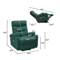 Electric Power Lift Recliner Chair, Fabric Upholstered Recliner Sofa with Massage and Heat for Elderly, 3 Positions, 2 Side Pockets and Cup Holders, USB Ports, Easy to Control, Green