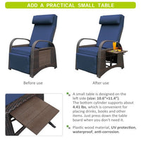 Patio Lounge Chair, PE Wicker Adjustable Outdoor Recliner Chair with Flip-Up Side Table, Reclining Chair with Removable Soft Cushion, for Garden Backyard Poolside,Blue