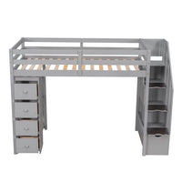 Twin Size Loft Bed with Staircases for Kids, Solid Wood Bed Frame with Built-in Storage Drawers and 3-Tier Shelves, Modern Versatile Bed with Safety Guardrails for Boys and Girls, Gray