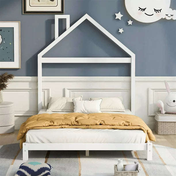 Full Size Platform Bed Wood Platform Bed with House-shaped Headboard Low Floor Bed Platform Bed with Solid Wood Slats, Montessori Bed for Boys Girls, No Box Spring Needed, White
