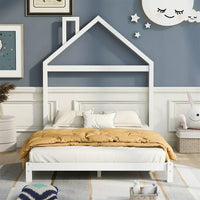 Full Size Platform Bed Wood Platform Bed with House-shaped Headboard Low Floor Bed Platform Bed with Solid Wood Slats, Montessori Bed for Boys Girls, No Box Spring Needed, White