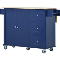 Rolling Mobile Storage Cabinet, Modern Kitchen Island with Drop Leaf, Solid Wood Top, Locking Wheels, Storage Drawers and Adjustable Shelves, 52.7 Inch Width, Dark Blue