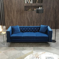 3 Seater Sofa, 82.3" Modern Velvet Tufted Upholstered Accent Sofa with 2 Pillows and Jeweled Buttons Velvet Sofa with Curved Backrest & Square Arm and Metal Legs for Living Room Office, Blue
