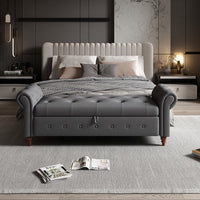 63" Tufted Bed Bench with Storage,Upholstered Storage Ottoman with Rolled Arm and Solid Wood Legs,End of Bed Bench for Living Room,Bedroom, Entryway
