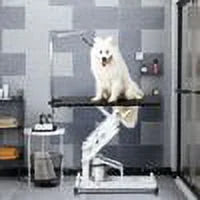 42.5 Inch Hydraulic Pet Dog Grooming Table Upgraded Professional Drying Table Heavy Duty Stainless Steel Frame with Adjustable Arm and Noose 400lbs Capacity Height Range 21-36 Inch, Black White