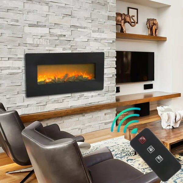 42-Inch Wall Hanging Electric Fireplace Heater with Realistic Flame, Fireplace Stove Heater with Remote Control, Fireplace Stove for Indoor, 1400W, Black