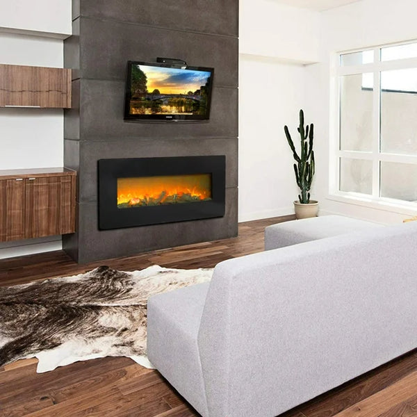 42 Inch Wall-Mounted Electric Fireplace,Retro Fireplace Wall Hanging Heater with Fake Wood and Remote Control, Electric Heater for Living Room or Bedroom,Black