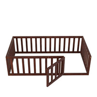 Twin Size Floor Bed, Wood Twin Montessori Bed Frame with Fence Guardrails and & Support Slats, Twin Playhouse Bed with Door Design, Fence Bed Playpen Bed for little ones, Walnut
