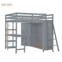 Full Size Loft Bed with Desk and Wardrobe, Solid Wood Loft Bed Frame with Inclined Ladder and Full-Length Guardrail, Loft Bed with Desk and Storage for Kids Teens Girls Boys Bedroom Dorm, Gray