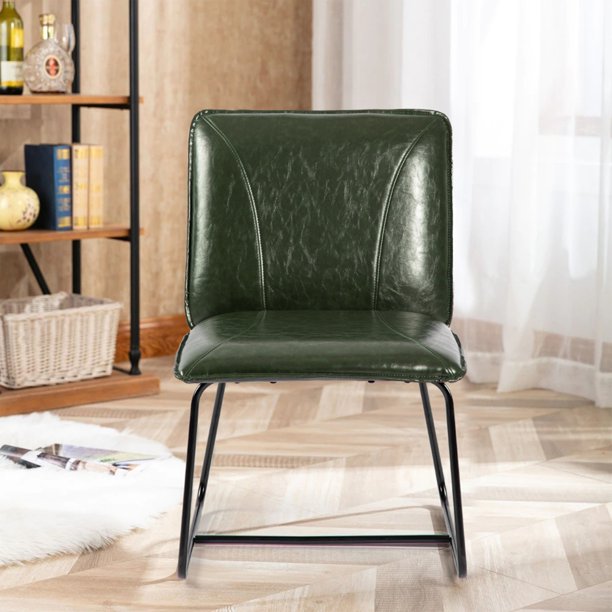 Dining Chair Set of 2, Mid Century Dining Bucket Chair with Backrest and Metal Legs,Industrial Design Faux Leather Counter Stool, Armless Side Chair for Dining Room and Kitchen, Green