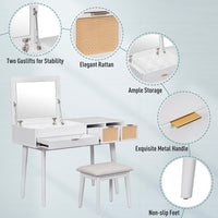 43.3" Vanity Dressing Table with Flip-top Mirror and 3 Storage Drawers, Wood Vanity Desk with Upholstered Fabric Stool, Makeup Vanity Set for Bedroom, Small Space, White
