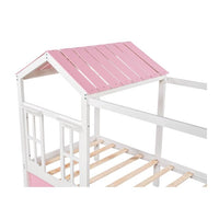 Twin House Bed, Wood Canopy Bed with 1 Storage Drawer, Playhouse Bed with Roof and Window, Montessori Bed Frame for Kids Boys Girls Teens, Pink + White