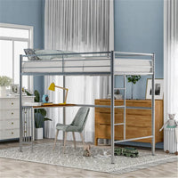 Twin Metal Loft Bed Frame with Desk, Loft Bed with Built-in Ladder and Full-length Guardrail, Space Saving Design, Silver