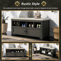 Storage Bench, Rustic Style 2-Door Storage Bench with 4 Small Storage Spaces and Linen Upholstered Top Cushion, Wood Storage Bench for Entryway, Foyer or a Mudroom, Dark Gray & Beige