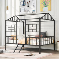 Full Size Metal House Bed Frame, Low Playhouse Loft Bed with Roof, Ladder and Guardrails, Slatted Support Bedroom Mattress Foundation for Teens Adults Girls and Boys, No Box Spring Needed, Black