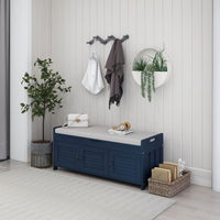 43.5''Storage Bench, Shoe Bench with 3 Shutter-shaped Doors, Rustic Entryway Bench with Removable Cushion and Hidden Storage Space, Antique Navy