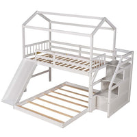 Twin Over Full House Bunk Bed with Convertible Slide and Storage Staircase, Kids Bunk Bed with Roof and Full-Length Guardrail,Floor Bunk Beds with Slat Support,No Box Spring Needed,Easy Assembly,White