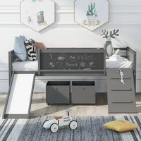 Low Loft Bed with Slide and Two Storage Boxes, Chalkboard, Wood Twin Size Loft Bed with Climbing Frame and Rope (Gray, Loft Bed)