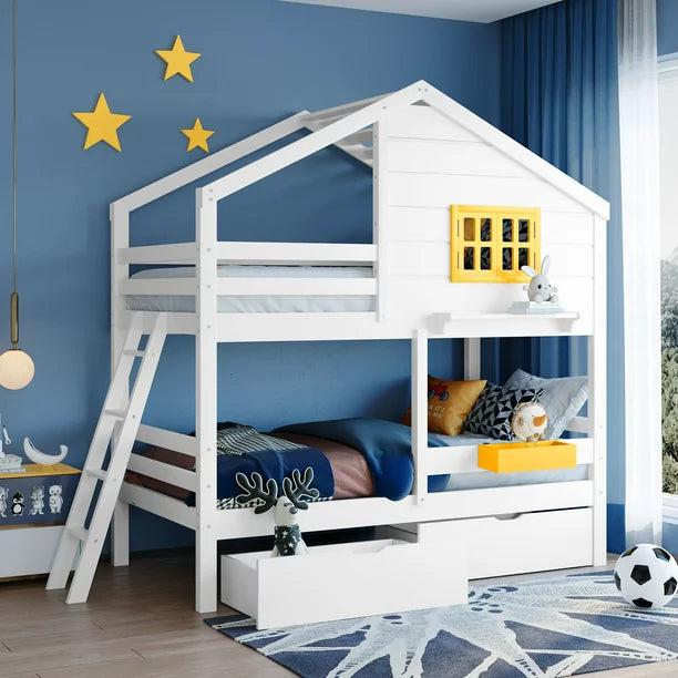Twin Over Twin House Bunk Bed with 2 Drawers, 1 Storage Box, 1 Shelf, Window and Roof, Wooden Bunk Bed Frame with Ladder and Guardrails, White