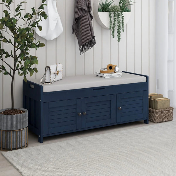 43.5''Storage Bench, Shoe Bench with 3 Shutter-shaped Doors, Rustic Entryway Bench with Removable Cushion and Hidden Storage Space, Antique Navy