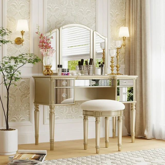 43" Luxury Dressing Table Set, Mid-centery Dresser with Tri-fold Mirror, 5 Drawers, Stool, Baroco Style Makeup Vanity Set for Bedroom, Living Room, Gold