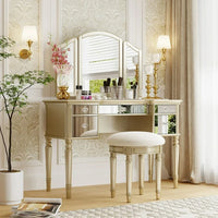 43" Luxury Dressing Table Set, Mid-centery Dresser with Tri-fold Mirror, 5 Drawers, Stool, Baroco Style Makeup Vanity Set for Bedroom, Living Room, Gold