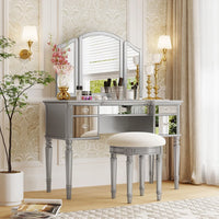 43" Luxury Dressing Table Set, Mid-centery Dresser with Tri-fold Mirror, 5 Drawers, Stool, Baroco Style Makeup Vanity Set for Bedroom, Living Room, Silver