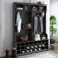 60" Wide Coat Rack with Black Metal Hooks,Hall Tree with Entryway Bench and 24 Shoe Cubbies,Hallway Storage Cabinet for Hallway Living Room Bedroom