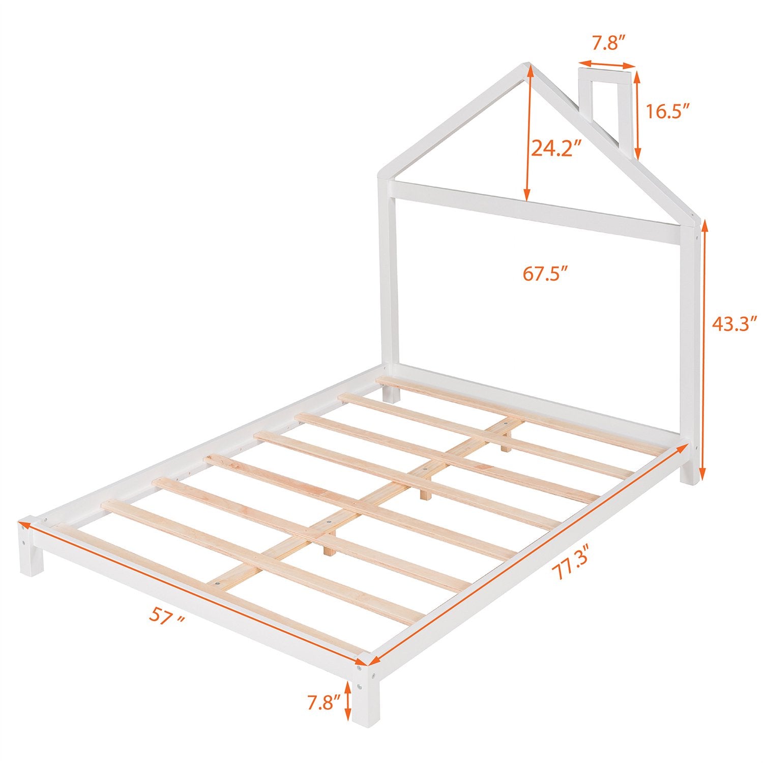 Full Size Platform Bed Wood Platform Bed with House-shaped Headboard Low Floor Bed Platform Bed with Solid Wood Slats, Montessori Bed for Boys Girls, No Box Spring Needed, White