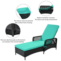 JINS&VICO Outdoor Patio Pool PE Rattan Chair, Wicker Sun Lounger with 6 Adjustable Angles Backrest, Set of 2 Lounge Chair with Armrest for Beach Garden Backyard, Black Wicker and Green Cushion