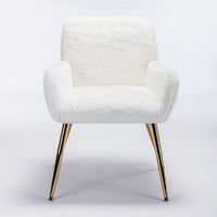 Artificial Rabbit Hair Dining Chair,Furry Desk Chair,Modern Faux Fur Vanity Chair for Teen Girls,Comfy Armchair with Golden Metal Legs for Bedroom Dining Room Living Room,Set of 2,White