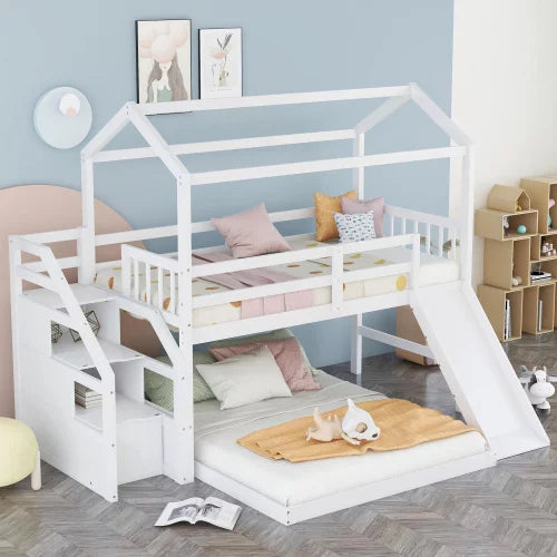 Twin Over Full House Bunk Bed with Convertible Slide and Storage Staircase, Kids Bunk Bed with Roof and Full-Length Guardrail,Floor Bunk Beds with Slat Support,No Box Spring Needed,Easy Assembly,White