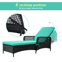 JINS&VICO Outdoor Patio Pool PE Rattan Chair, Wicker Sun Lounger with 6 Adjustable Angles Backrest, Set of 2 Lounge Chair with Armrest for Beach Garden Backyard, Black Wicker and Green Cushion