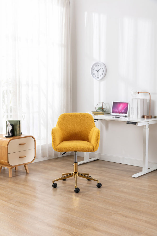 Adjustable Height 360 Revolving Home Office Chair, Soft Teddy Fabric Material Desk Chair with Gold Metal Legs and Universal Wheels, Modern Computer Chair for Indoor, Yellow Teddy