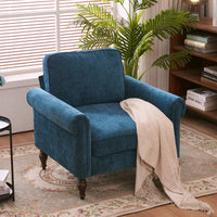 Chenille Accent Armchair, Small Single Sofa with Curved Armrest and Solid Wood Gourd Foot, Modern Upholstered Reading Chair for Apartment Bedroom Office, Blue-Green