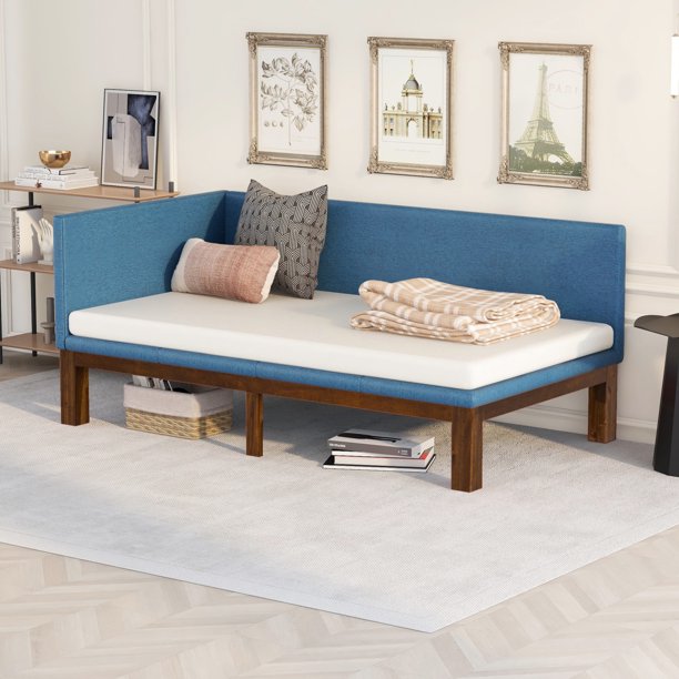 Couch Daybed Sofa Bed Frame with Linen Cover Mattress, Convertible Sofa Bed Sleeper Sofa Upholstered Sofa Chaise Lounge TV Sofa for Bedroom Living Room Guest Room, Twin Size Day Bed, Blue