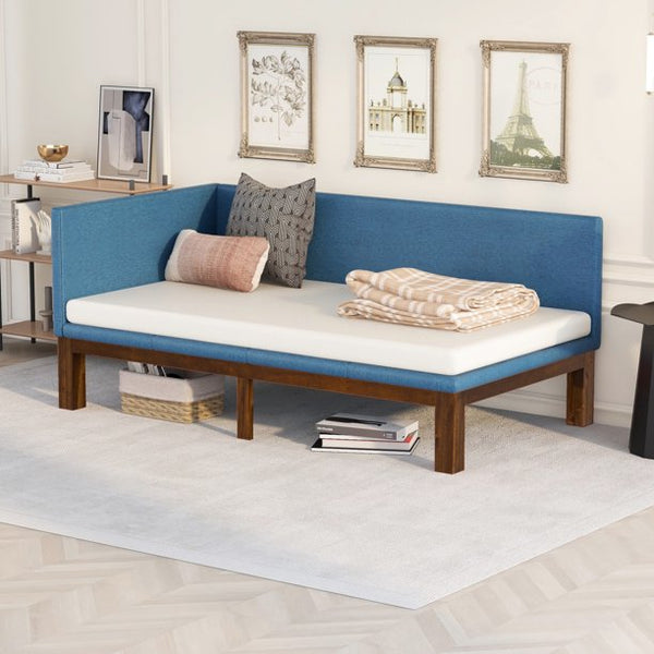 Couch Daybed Sofa Bed Frame with Linen Cover Mattress, Convertible Sofa Bed Sleeper Sofa Upholstered Sofa Chaise Lounge TV Sofa for Bedroom Living Room Guest Room, Twin Size Day Bed, Blue