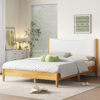 Triple Tree Queen Size, Solid Rubber Wooden Bed with Boucle Upholstered Headboard, Enhanced by Support Feet,Beech White