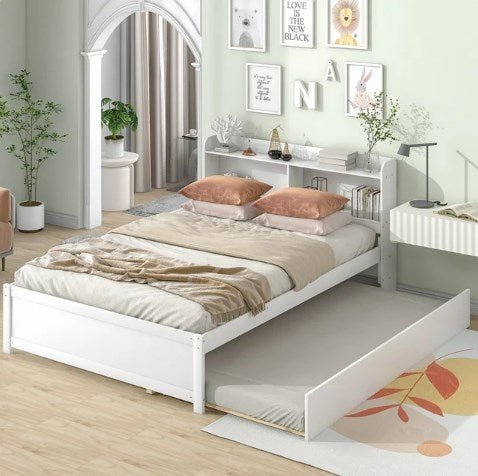 Full Bed with Trundle, Full Size Platform Bed with Bookcase Headboard and Pull Out Trundle Bed for Kids Teens Adults, Wooden Twin Bed Frame with Storage Shelves, Bed Frame for Living Room, White