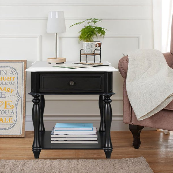 End Table Nightstand, Coffee Table with Open Styled Shelf & Large Storage Space, Classical Side Table with Metal Handles & Drawer for Living Room, 24.00"Lx27.90"Wx23.90''H, Black
