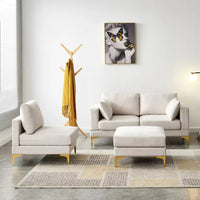L-shaped Sectional Sofa with Removable Ottoman Footrest and Metal Legs, 92-Inch Free Combination Modular Sofa Couch with Soft Backrest & Armrest & Thick Seats Cushion for Living Room, Beige