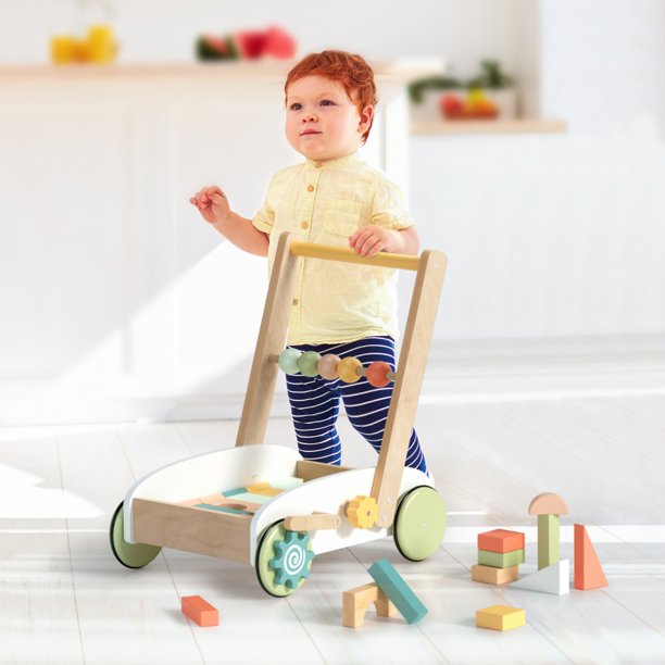 Triple Tree Baby Toddler Walker Trolley with Building Blocks, Kids Push Cart Toys Playset with Non-slip Rubber Wheels and Counting Ball, Best Kids Gift, Colorful Design