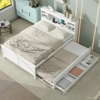 Full Size Platform Bed with Twin Size Trundle,Platform Bed Frame with Storage Headboard,USB and 3 Drawers,White